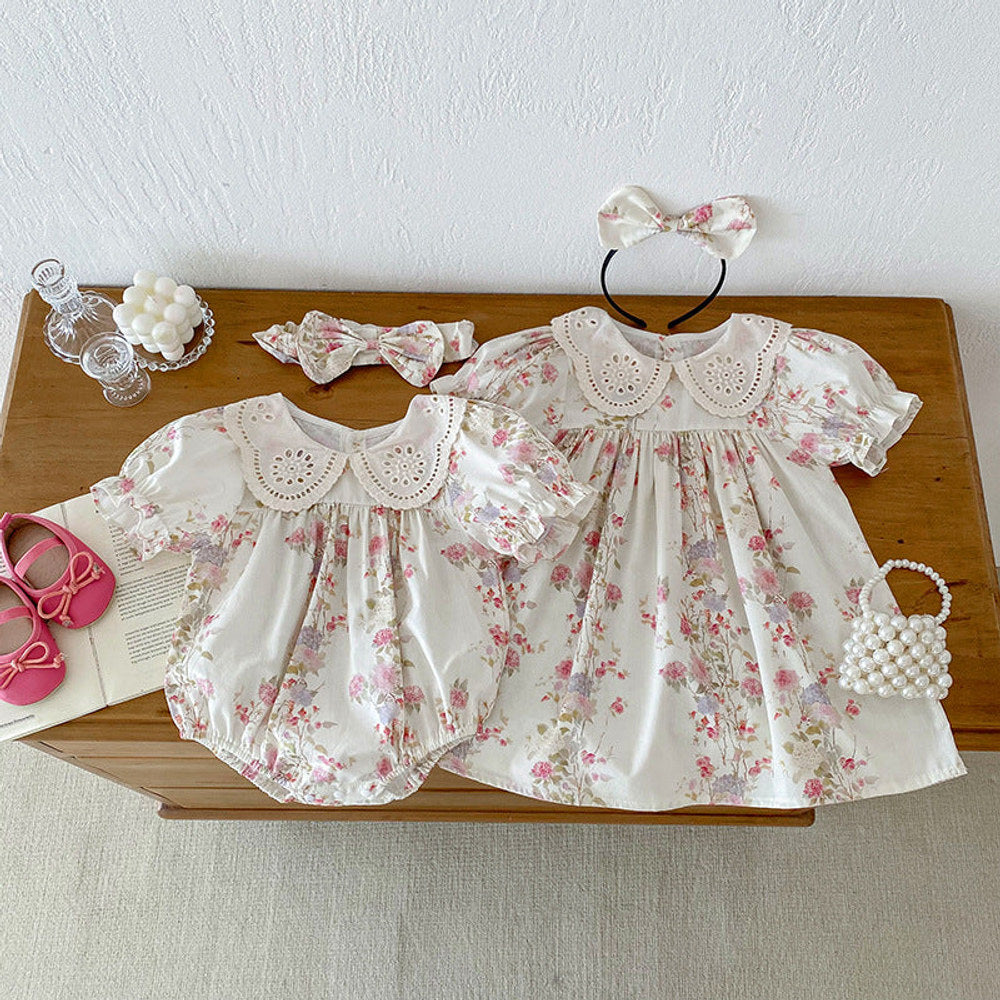 MyKids-USA® Girls Flowers Pattern Short Sleeves Hollow Out Collar bodysuit or Dress – Sister Matching