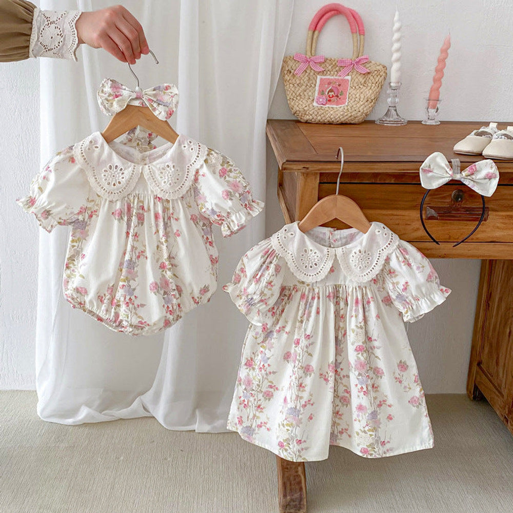 MyKids-USA® Girls Flowers Pattern Short Sleeves Hollow Out Collar bodysuit or Dress – Sister Matching