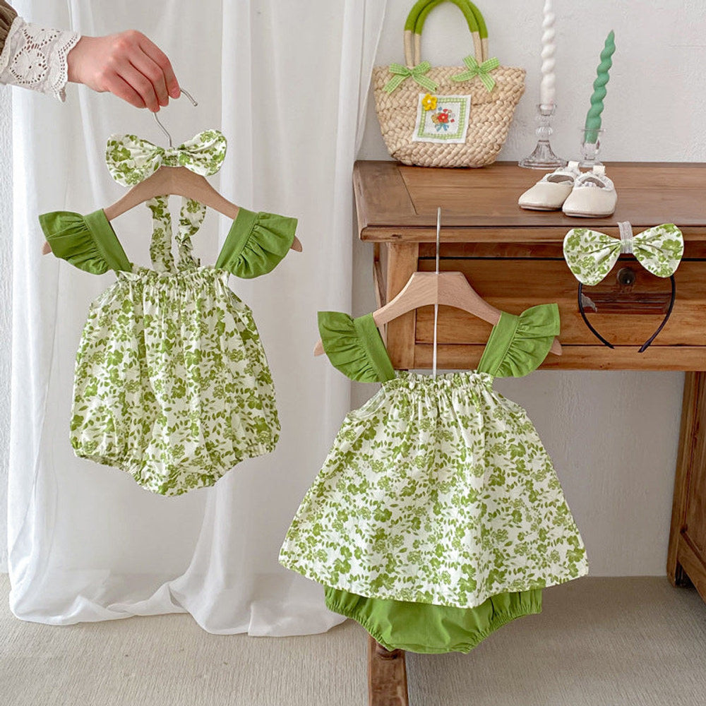MyKids-USA® Girls Flowers Pattern Sleeveless Strap bodysuit And Clothing Set – Sister Matching Clothing Set