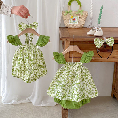 MyKids-USA® Girls Flowers Pattern Sleeveless Strap bodysuit And Clothing Set – Sister Matching Clothing Set