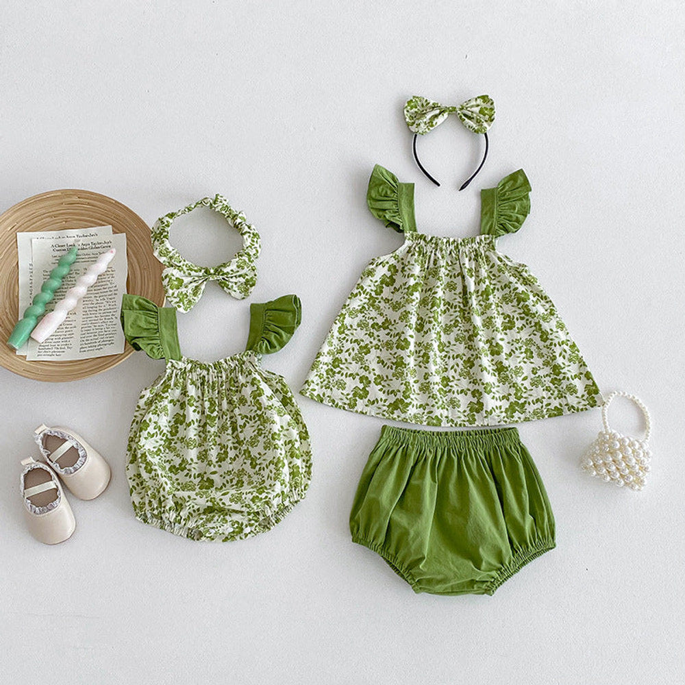 MyKids-USA® Girls Flowers Pattern Sleeveless Strap bodysuit And Clothing Set – Sister Matching Clothing Set