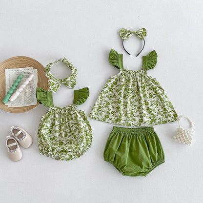 MyKids-USA® Girls Flowers Pattern Sleeveless Strap bodysuit And Clothing Set – Sister Matching Clothing Set