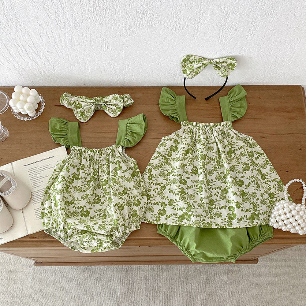 MyKids-USA® Girls Flowers Pattern Sleeveless Strap bodysuit And Clothing Set – Sister Matching Clothing Set