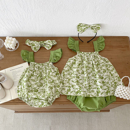 MyKids-USA® Girls Flowers Pattern Sleeveless Strap bodysuit And Clothing Set – Sister Matching Clothing Set