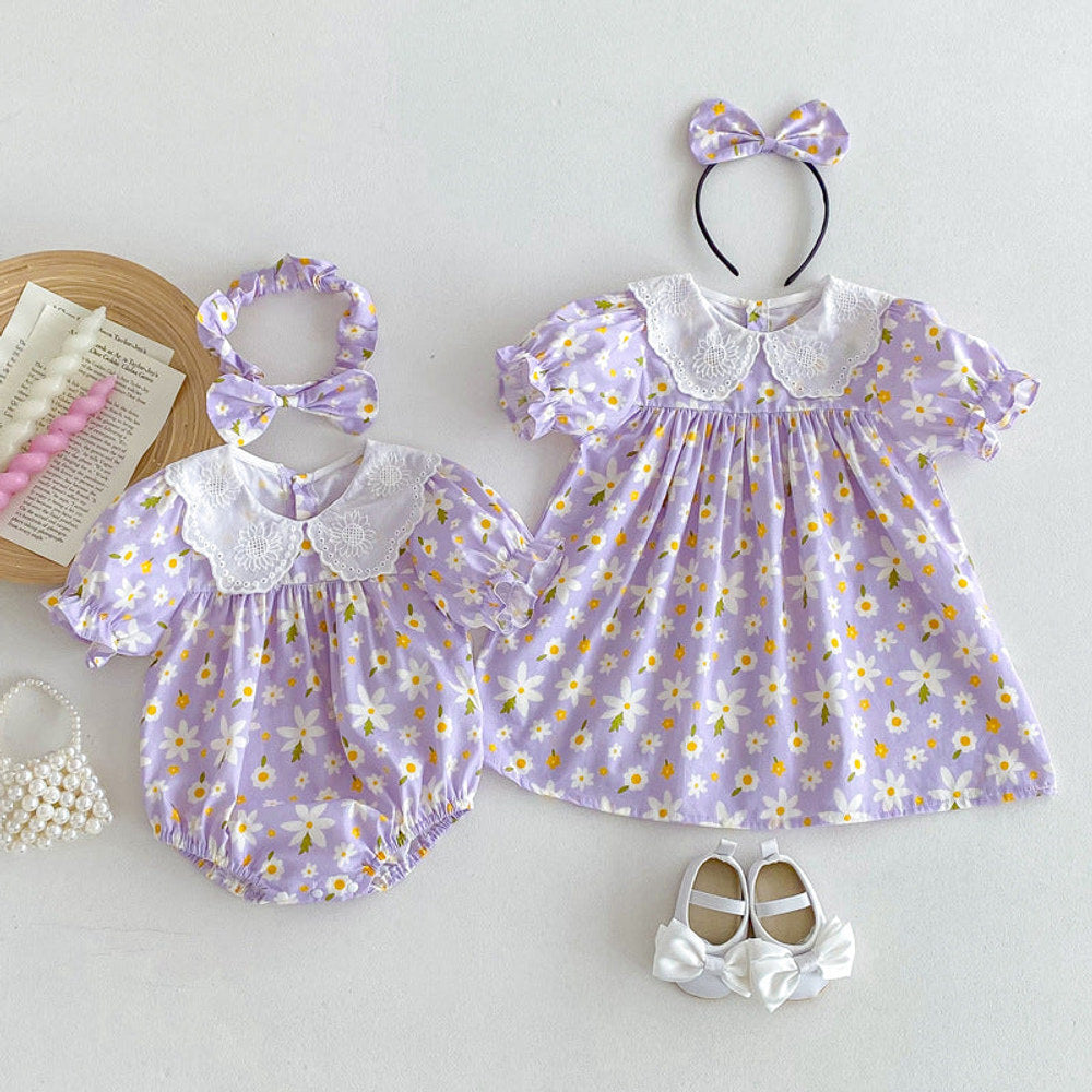 MyKids-USA® Girls Flowers Pattern Short Sleeves Embroidery Collar bodysuit or Dress – Sister Matching