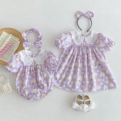 MyKids-USA® Girls Flowers Pattern Short Sleeves Embroidery Collar bodysuit or Dress – Sister Matching