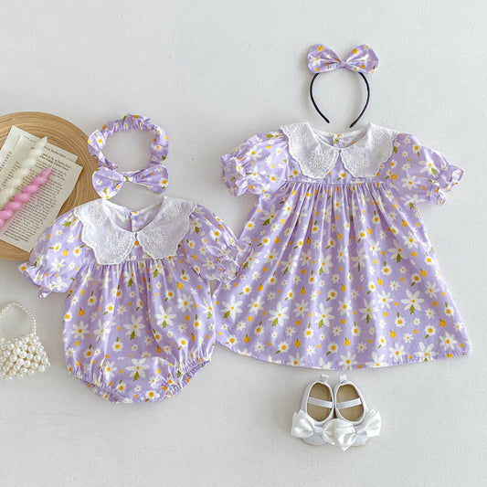 MyKids-USA® Girls Flowers Pattern Short Sleeves Embroidery Collar bodysuit And Dress – Sister Matching Clothing Set