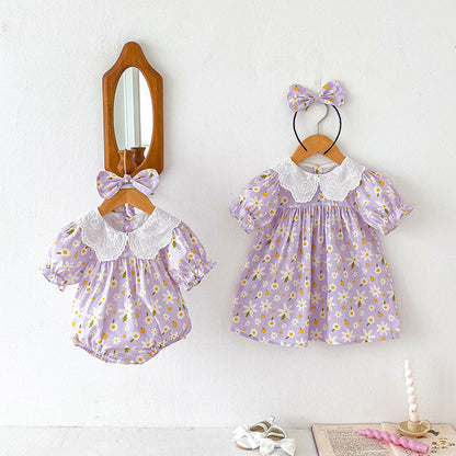 MyKids-USA® Girls Flowers Pattern Short Sleeves Embroidery Collar bodysuit or Dress – Sister Matching
