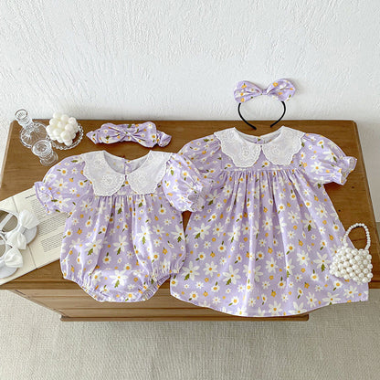 MyKids-USA® Girls Flowers Pattern Short Sleeves Embroidery Collar bodysuit or Dress – Sister Matching