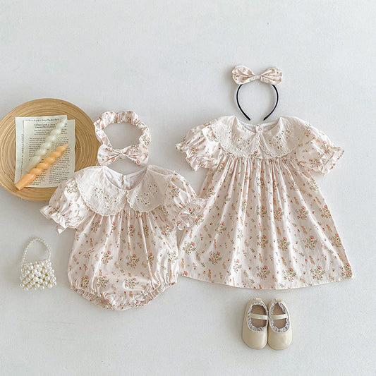 MyKids-USA® Girls Flowers And Animals Pattern Short Sleeves Hollow Out Collar bodysuit And Dress – Sister Matching Clothing Set