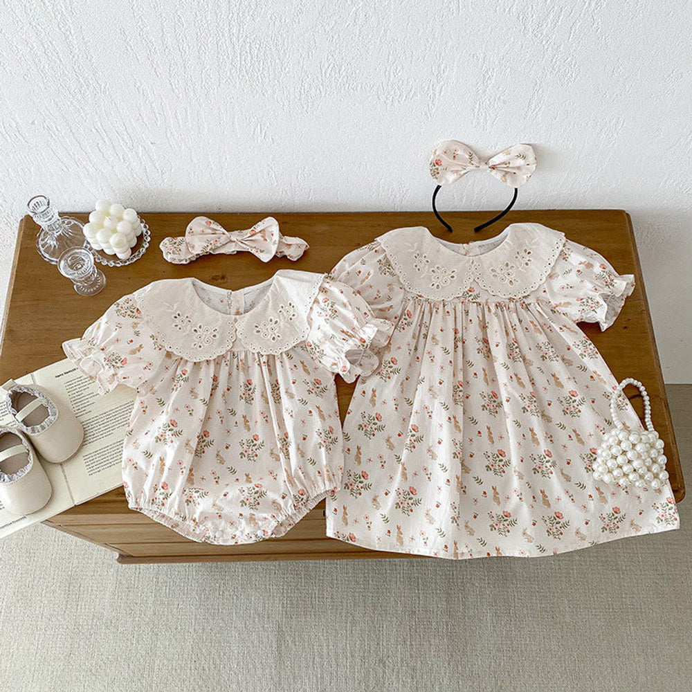 MyKids-USA® Girls Flowers And Animals Pattern Short Sleeves Hollow Out Collar bodysuit or Dress – Sister Matching