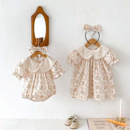 MyKids-USA® Girls Flowers And Animals Pattern Short Sleeves Hollow Out Collar bodysuit or Dress – Sister Matching