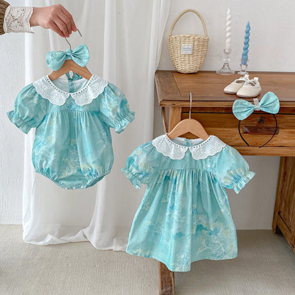 MyKids-USA® Design Girls Flowers Pattern Short Sleeves Hollow Out Collar bodysuit or Dress – Sister Matching