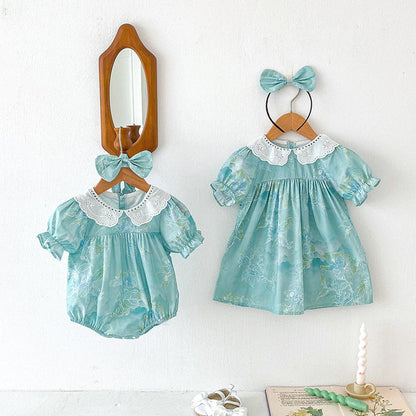 MyKids-USA® Design Girls Flowers Pattern Short Sleeves Hollow Out Collar bodysuit or Dress – Sister Matching
