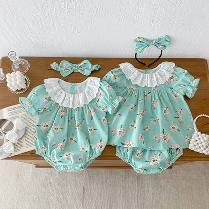 MyKids-USA® Girls Flowers Pattern Short Sleeves Hollow Out Collar bodysuit And Clothing Set – Sister Matching Clothing Set