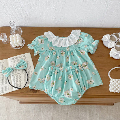MyKids-USA® Girls Flowers Pattern Short Sleeves Hollow Out Collar bodysuit And Clothing Set – Sister Matching Clothing Set