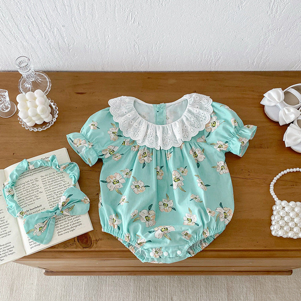 MyKids-USA® Girls Flowers Pattern Short Sleeves Hollow Out Collar bodysuit And Clothing Set – Sister Matching Clothing Set