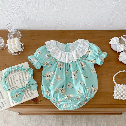 MyKids-USA® Girls Flowers Pattern Short Sleeves Hollow Out Collar bodysuit And Clothing Set – Sister Matching Clothing Set