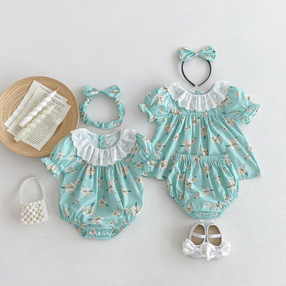 MyKids-USA® Girls Flowers Pattern Short Sleeves Hollow Out Collar bodysuit And Clothing Set – Sister Matching Clothing Set