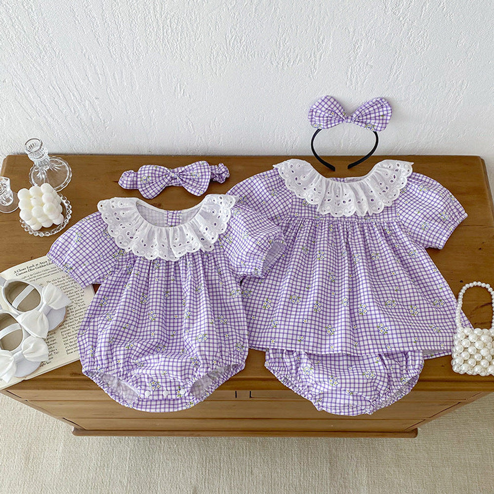 MyKids-USA® Girls Plaid Design Flowers Pattern Short Sleeves Hollow Out Collar bodysuit And Clothing Set – Sister Matching