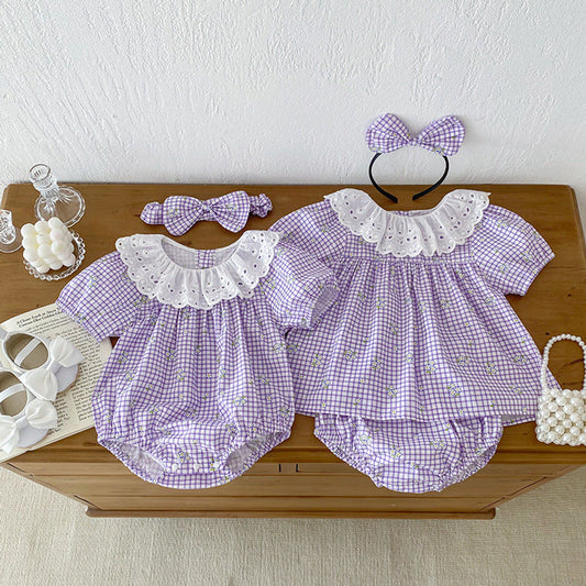 MyKids-USA® Girls Plaid Design Flowers Pattern Short Sleeves Hollow Out Collar bodysuit And Clothing Set – Sister Matching Clothing Set