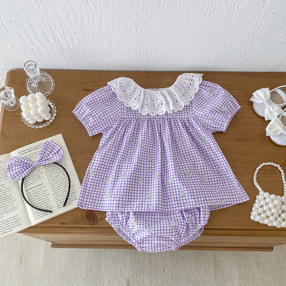 MyKids-USA® Girls Plaid Design Flowers Pattern Short Sleeves Hollow Out Collar bodysuit And Clothing Set – Sister Matching