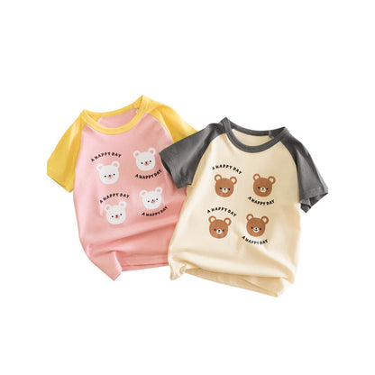 MyKids-USA® Teddy Bear Cartoon Print Color Patchwork Girls’ T-Shirt In European And American Style