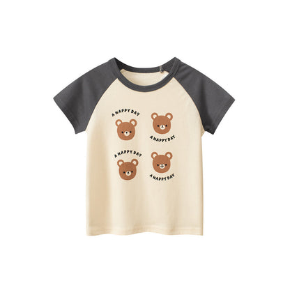 MyKids-USA® Teddy Bear Cartoon Print Color Patchwork Girls’ T-Shirt In European And American Style