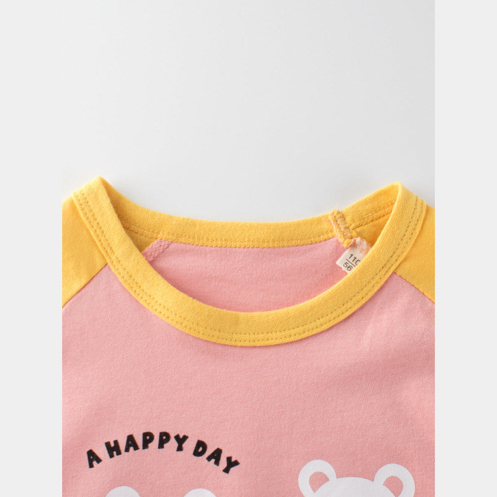 MyKids-USA® Teddy Bear Cartoon Print Color Patchwork Girls’ T-Shirt In European And American Style