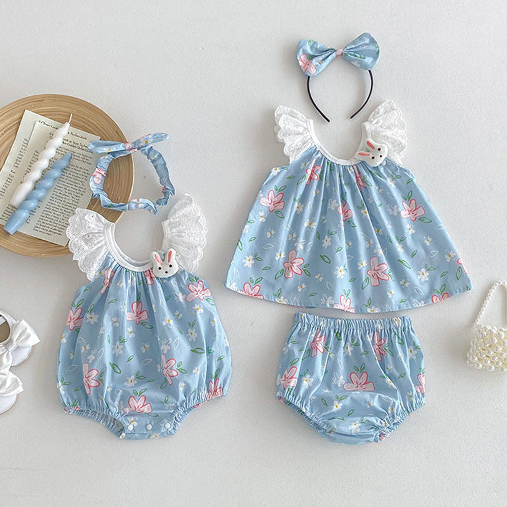 MyKids-USA® Girls Flowers Pattern Sleeveless Lace Strap bodysuit And Clothing Set – Sister Matching