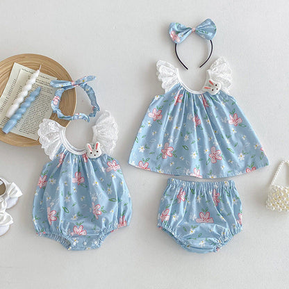 MyKids-USA® Girls Flowers Pattern Sleeveless Lace Strap bodysuit And Clothing Set – Sister Matching