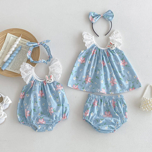 MyKids-USA® Girls Flowers Pattern Sleeveless Lace Strap bodysuit And Clothing Set – Sister Matching Clothing Set