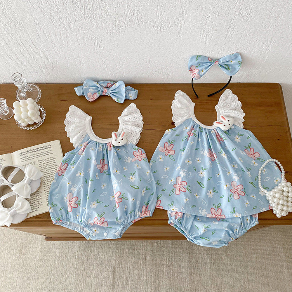 MyKids-USA® Girls Flowers Pattern Sleeveless Lace Strap bodysuit And Clothing Set – Sister Matching
