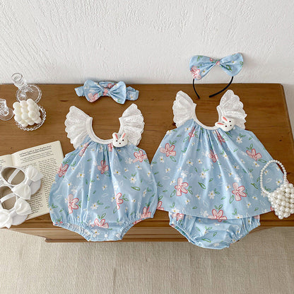 MyKids-USA® Girls Flowers Pattern Sleeveless Lace Strap bodysuit And Clothing Set – Sister Matching