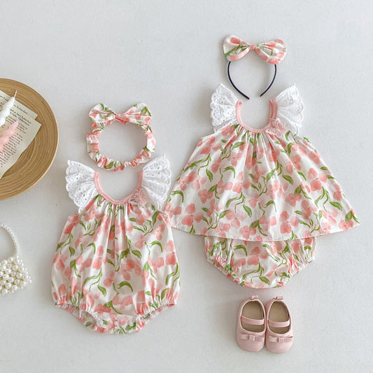 MyKids-USA® Girls Flowers Pattern Sleeveless Lace Strap bodysuit And Clothing Set – Sister Matching Clothing Set