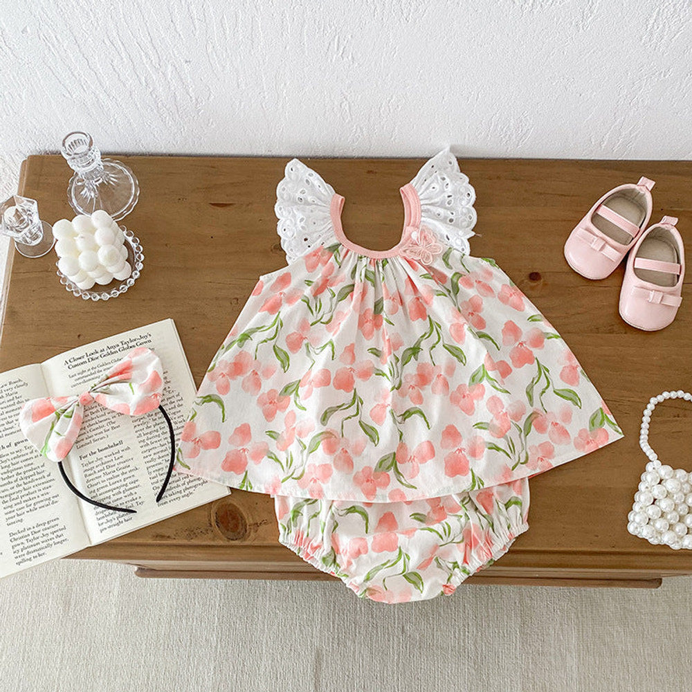 MyKids-USA® Girls Flowers Pattern Sleeveless Lace Strap bodysuit And Clothing Set – Sister Matching