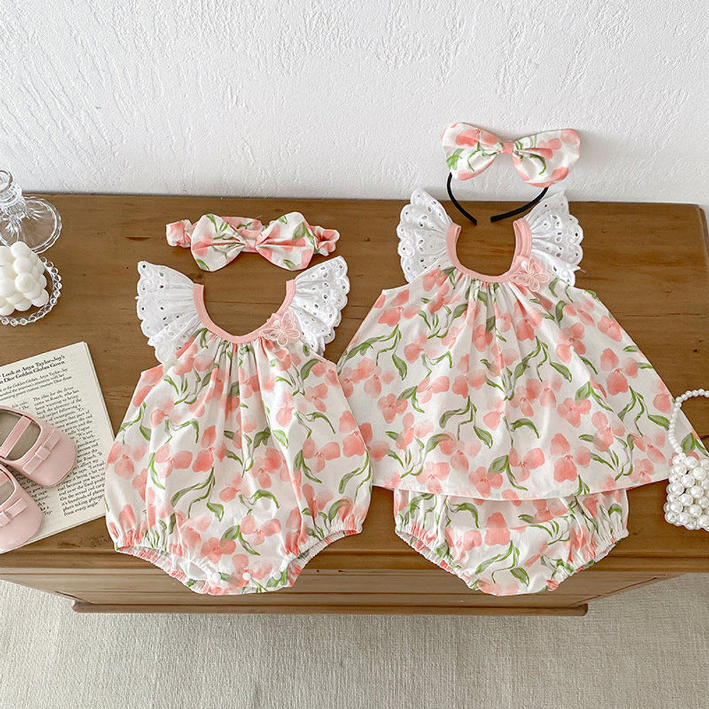 MyKids-USA® Girls Flowers Pattern Sleeveless Lace Strap bodysuit And Clothing Set – Sister Matching