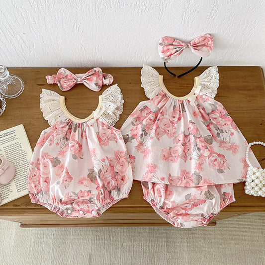 MyKids-USA® Girls Flowers Pattern Sleeveless Hollow Out Lace Strap bodysuit And Clothing Set – Sister Matching Clothing Set