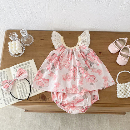 MyKids-USA® Girls Flowers Pattern Sleeveless Hollow Out Lace Strap bodysuit And Clothing Set – Sister Matching