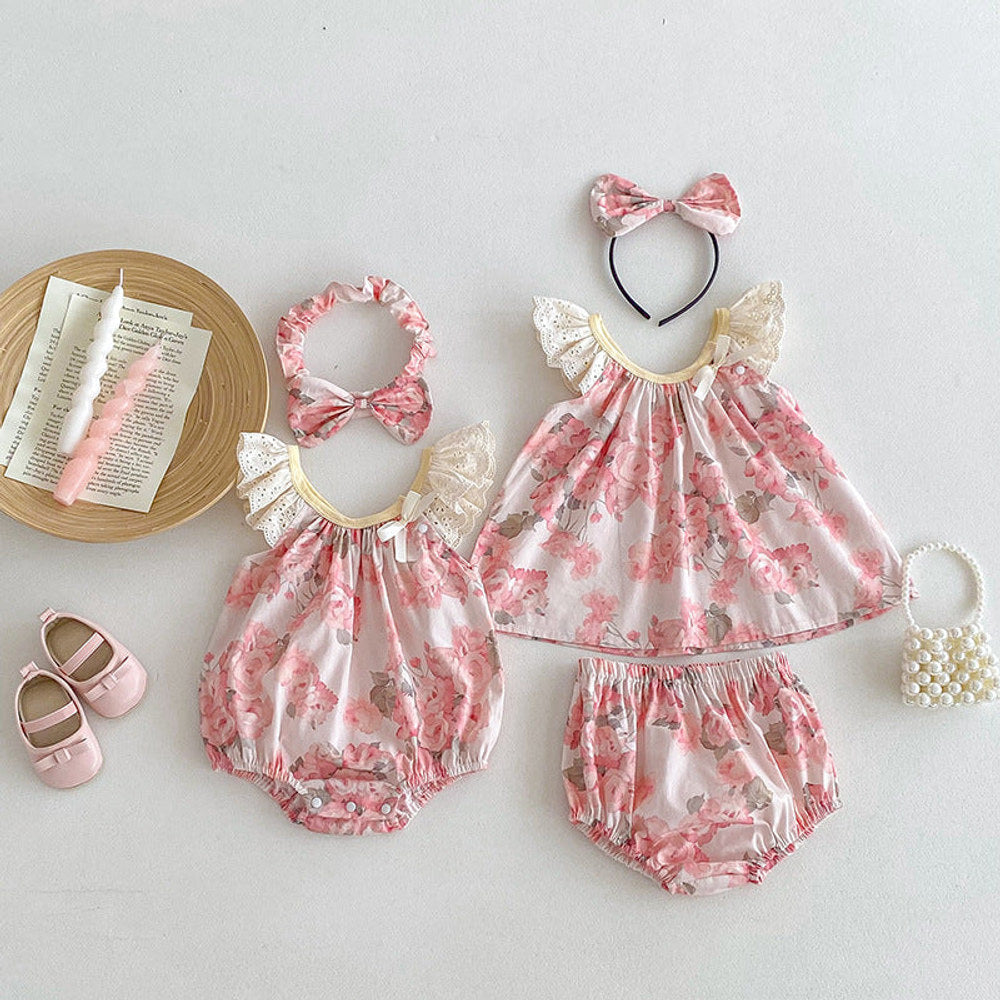 MyKids-USA® Girls Flowers Pattern Sleeveless Hollow Out Lace Strap bodysuit And Clothing Set – Sister Matching