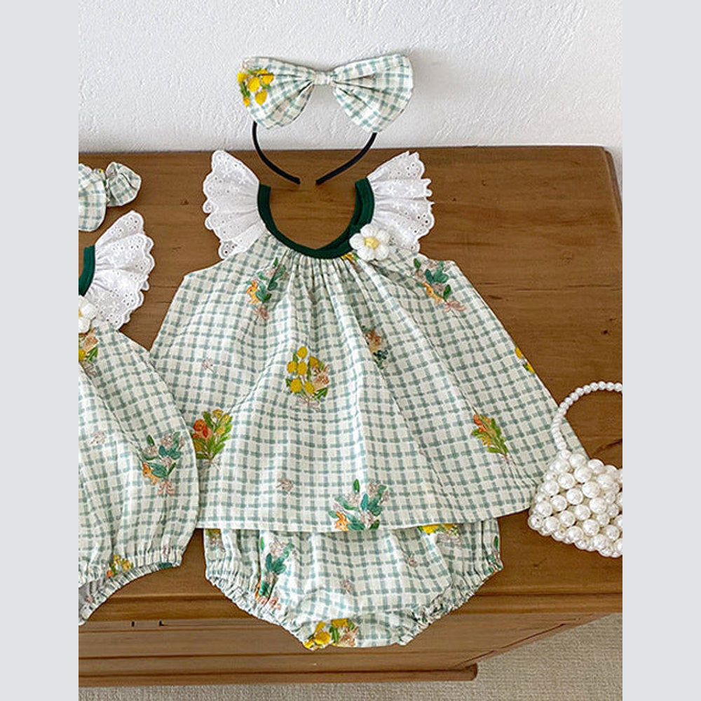 MyKids-USA® Girls Plaid and Flowers Pattern Sleeveless Hollow Out Lace Strap Two-Piece Set