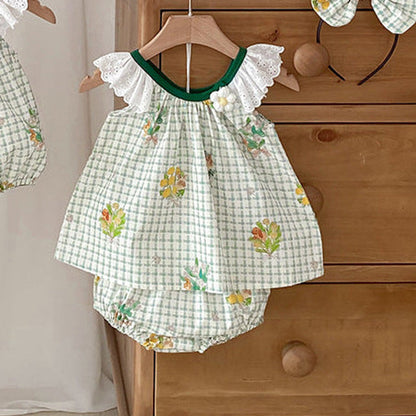 MyKids-USA® Girls Plaid and Flowers Pattern Sleeveless Hollow Out Lace Strap Two-Piece Set
