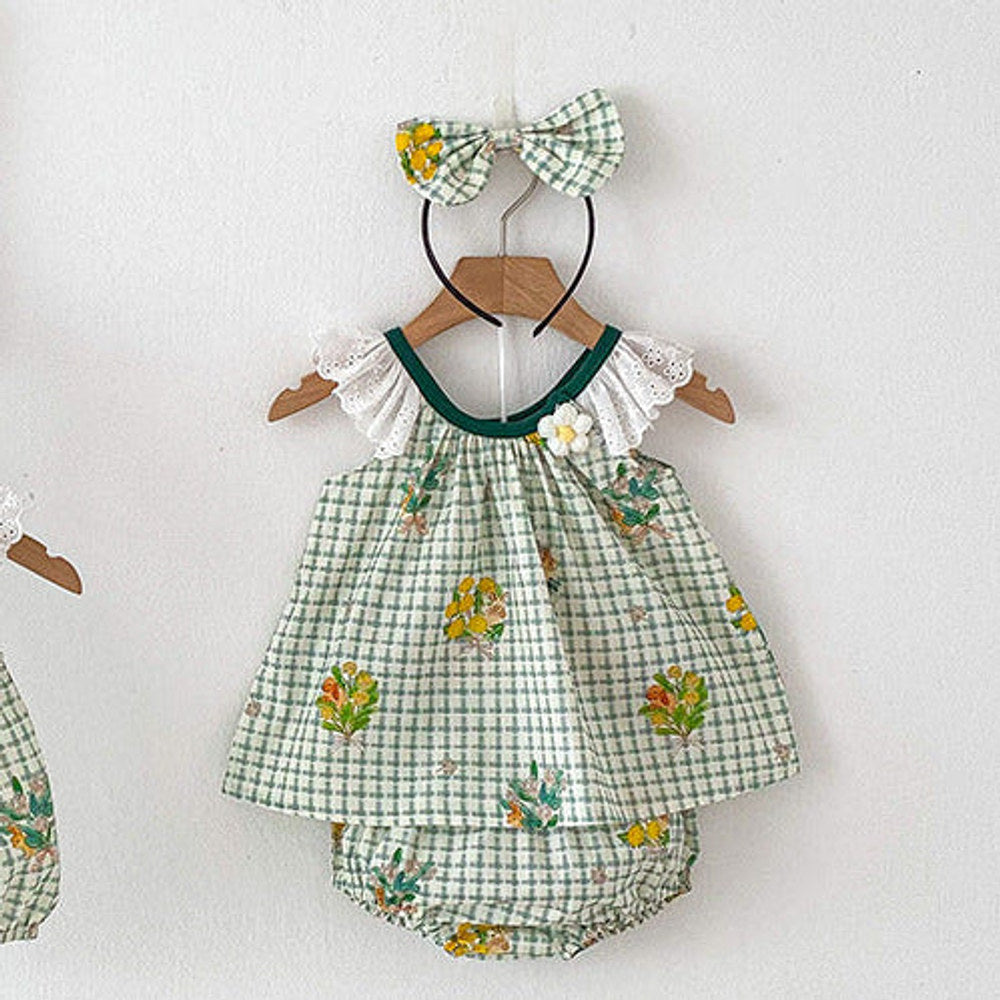 MyKids-USA® Girls Plaid and Flowers Pattern Sleeveless Hollow Out Lace Strap Two-Piece Set