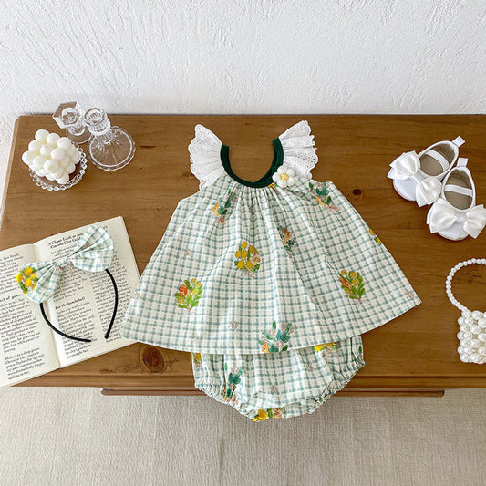 MyKids-USA® Girls Plaid and Flowers Pattern Sleeveless Hollow Out Lace Strap Two-Piece Set