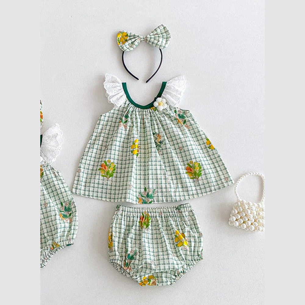 MyKids-USA® Girls Plaid and Flowers Pattern Sleeveless Hollow Out Lace Strap Two-Piece Set