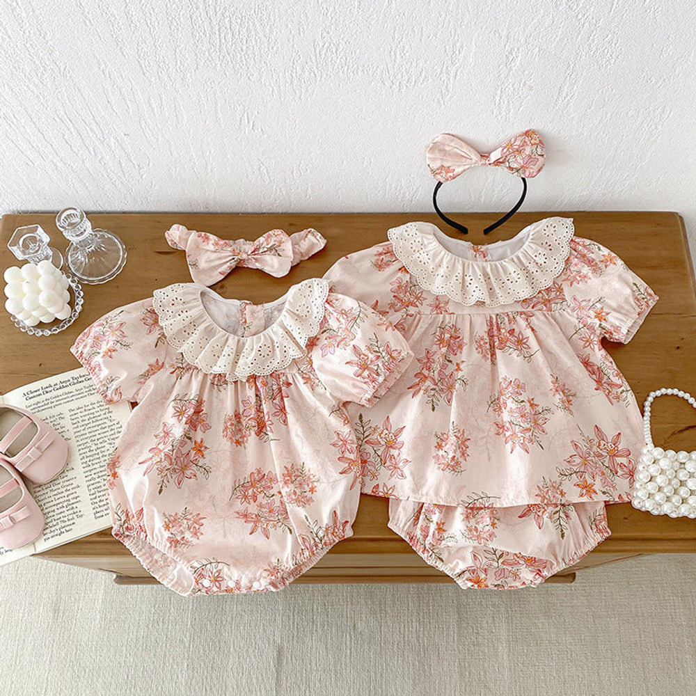 MyKids-USA® Design Girls Flowers Pattern Short Sleeves Hollow Out Collar bodysuit And Clothing Set – Sister Matching