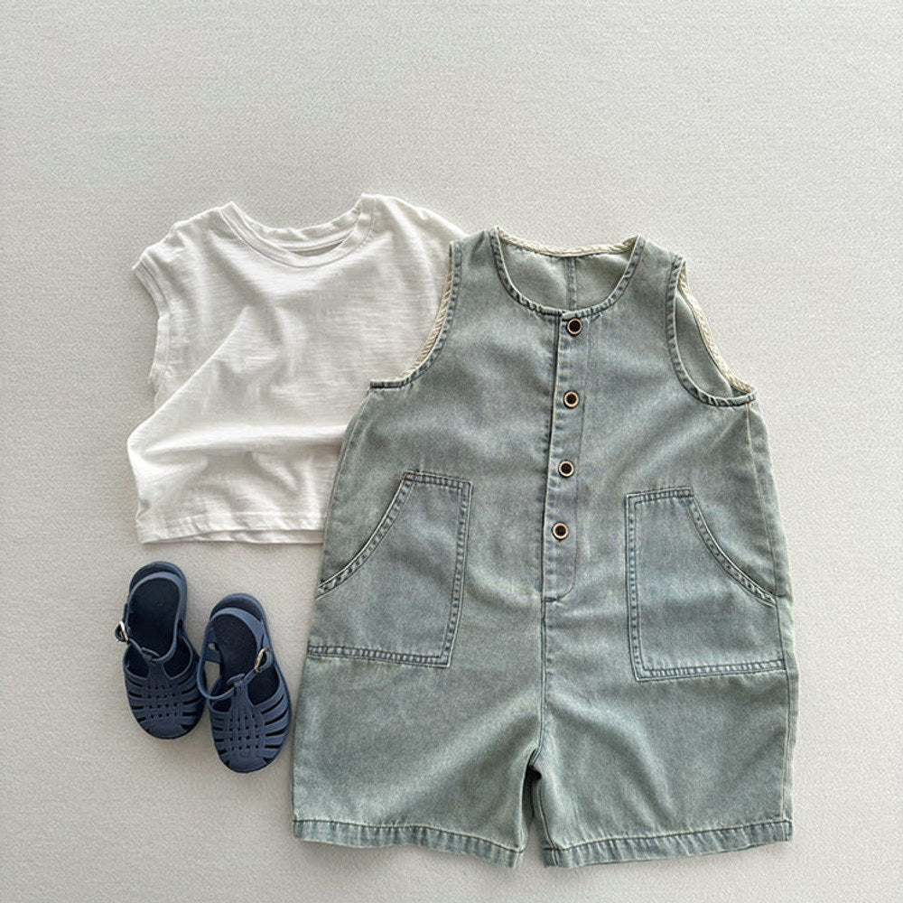 MyKids-USA® Unisex Baby Denim Sleeveless Half Open-Front Overalls Romper