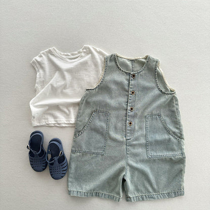 MyKids-USA® Unisex Baby Denim Sleeveless Half Open-Front Overalls Romper