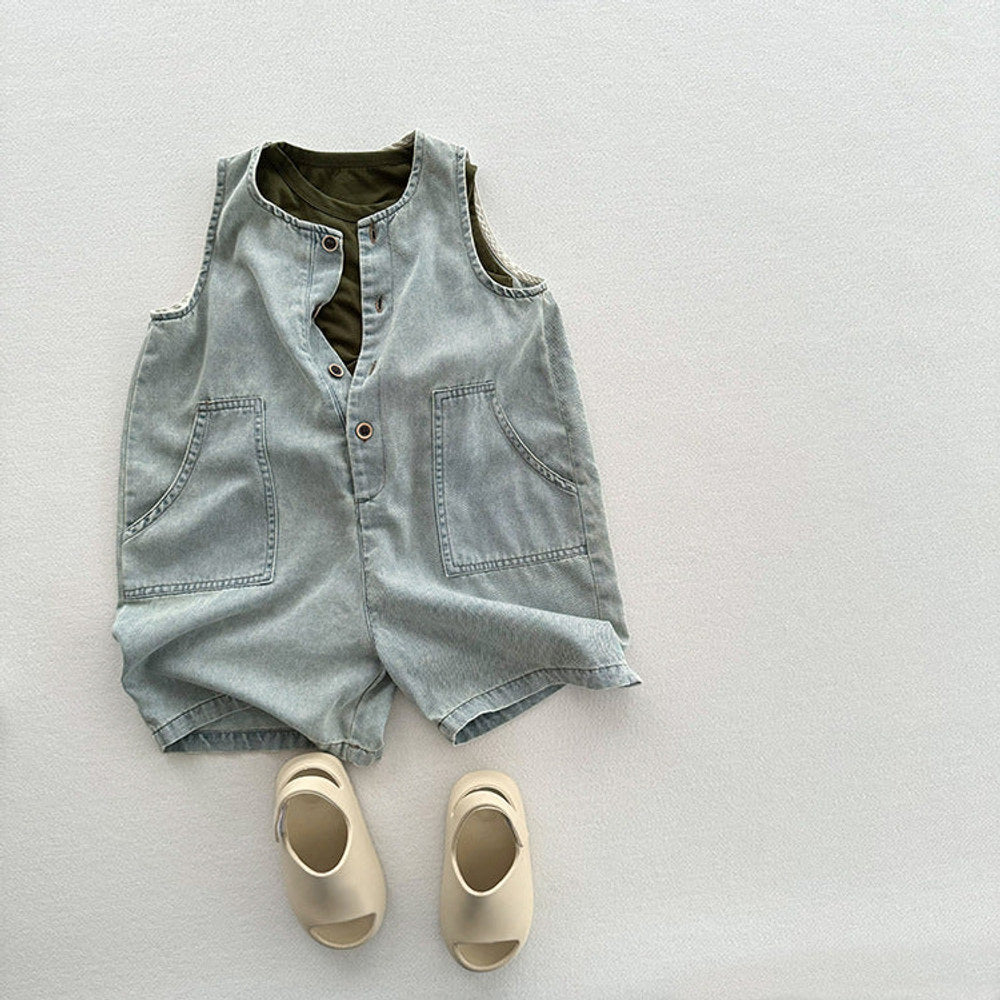 MyKids-USA® Unisex Baby Denim Sleeveless Half Open-Front Overalls Romper