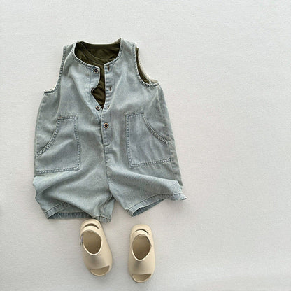 MyKids-USA® Unisex Baby Denim Sleeveless Half Open-Front Overalls Romper